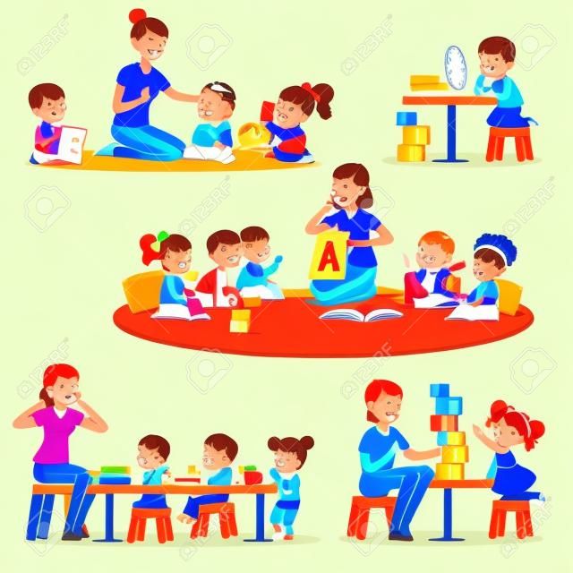 Nauczyciel wyjaśnia alfabet dzieci wokół jej zestawu. Uśmiechnięte chłopiec i dziewczyny bawić się i studiuje w dziecina wektoru ilustracjach