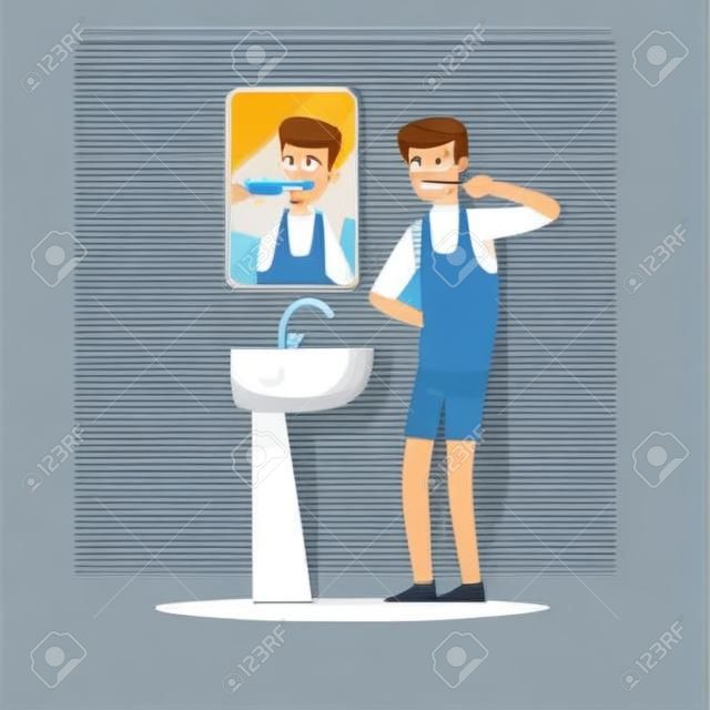 Bonito jovem homem personagem escovar dentes em um banheiro após a hora de dormir colorido vector ilustração