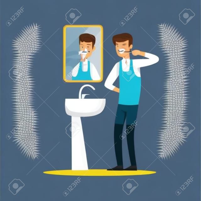 Bonito jovem homem personagem escovar dentes em um banheiro após a hora de dormir colorido vector ilustração