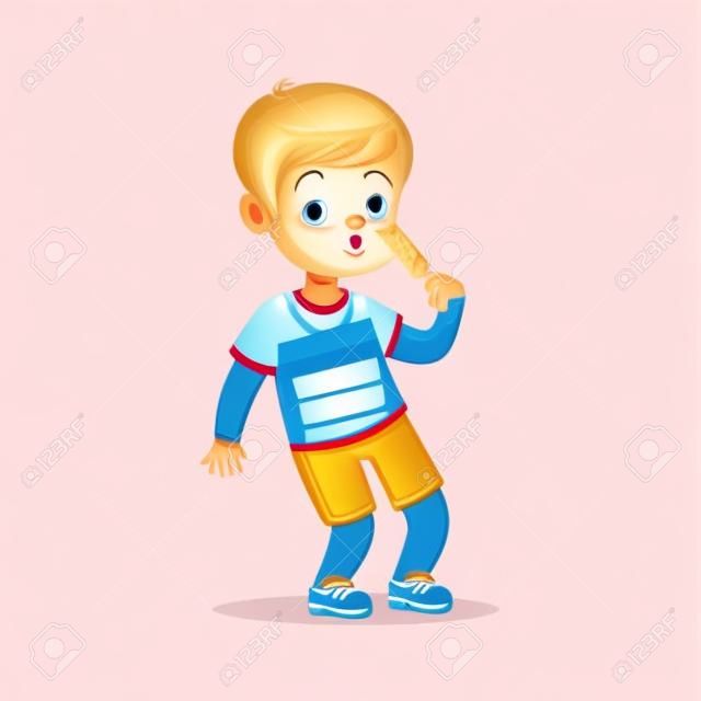 Bonito loiro menino personagem comendo sorvete cartoon vector Ilustração