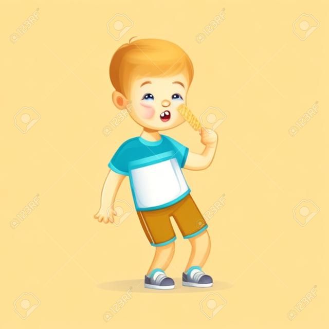 Caractère mignon petit garçon blond, manger des vecteur de dessin animé de crème glacée