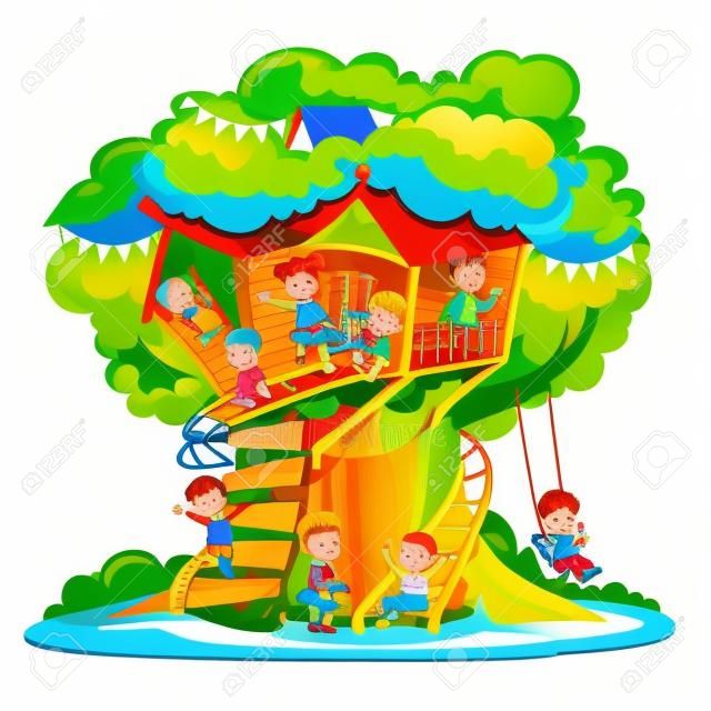 Crianças brincando e se divertindo na casa da árvore, parque infantil com balanço e escada colorido vetor detalhado Ilustração em um fundo branco