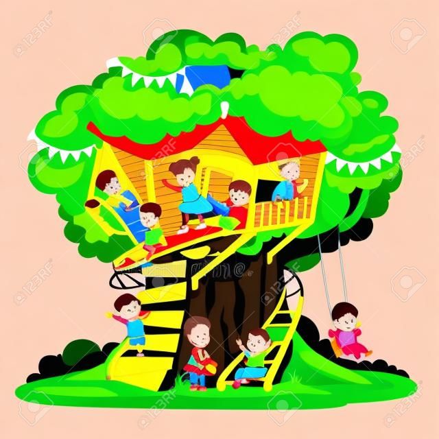 Children playing and having fun in the treehouse, kids playground with swing and ladder colorful detailed vector Illustration on a white background