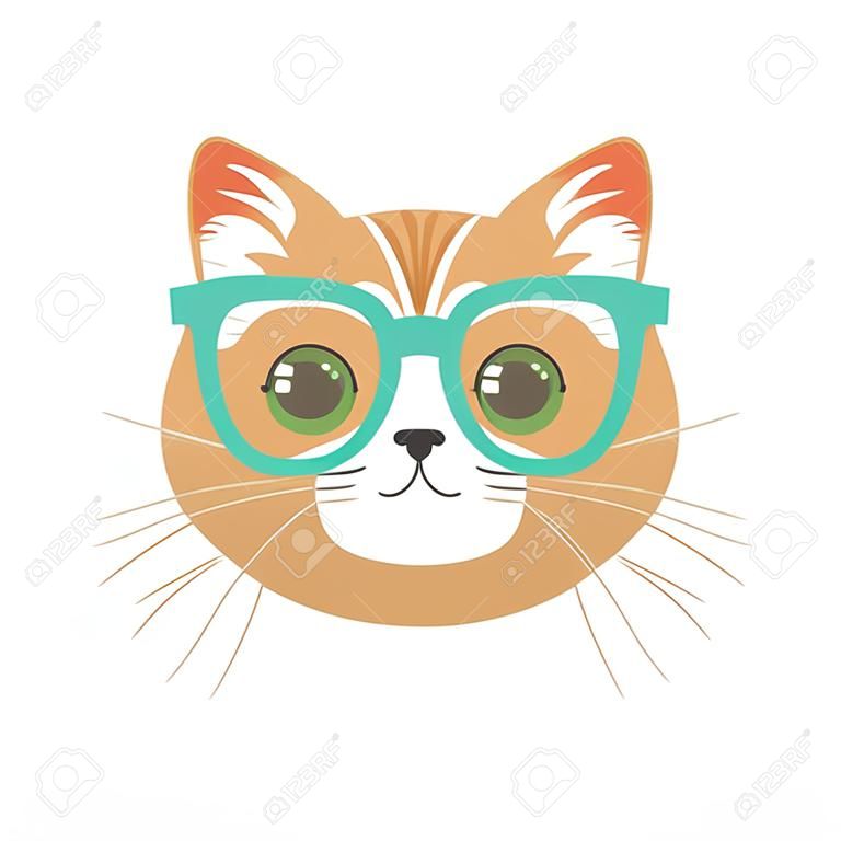 Gato lindo con gafas, ilustración de vector de personaje de dibujos animados divertidos animales