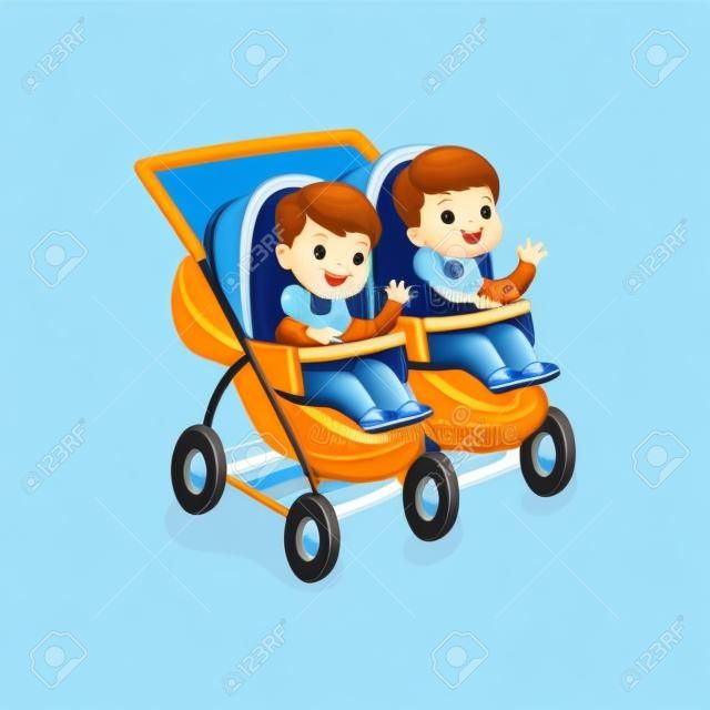 귀여운 작은 소년 쌍둥이, 작은 아이 벡터 일러스트 레이 션의 안전 처리 교통에 대 한 파란색 아기 캐리지에 앉아