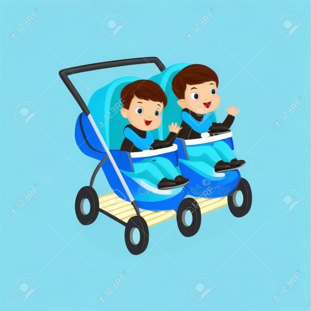 Симпатичные маленькие мальчики, сидящие в синей детской коляске для близнецов, безопасная ручка для перевозки маленьких детей, векторная иллюстрация
