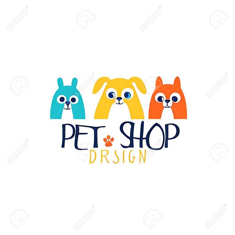 Conception originale de logo de magasin pour animaux de compagnie, insigne coloré avec des animaux, vecteur dessiné à la main Illustration