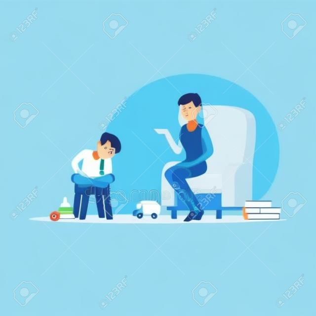 Boy talking to child psychologist about problems, psychotherapy counseling, psychologist having session with patient vector Illustration