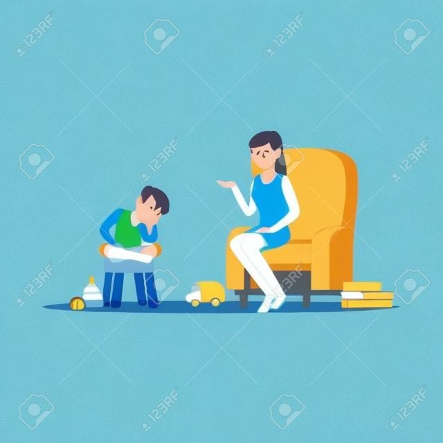 Chłopiec opowiada dziecko psycholog o problemach, psychotherapy doradzać, psycholog ma sesję z cierpliwą wektorową ilustracją