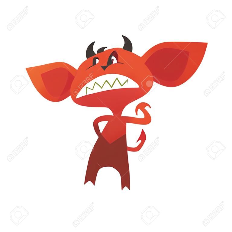 Diable en colère se tenant debout dans une pose menaçante et montrant des dents. Démon rouge à grandes oreilles, cornes et queue. Monstre de fiction comique de l'enfer