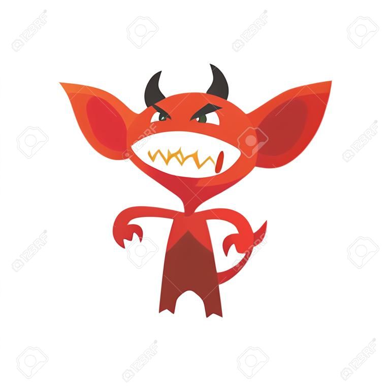 Злой дьявол стоит в угрожающей позе и показывает зубы. Красный демон с большими ушами, рогами и хвостом. Комический вымышленный монстр из ада