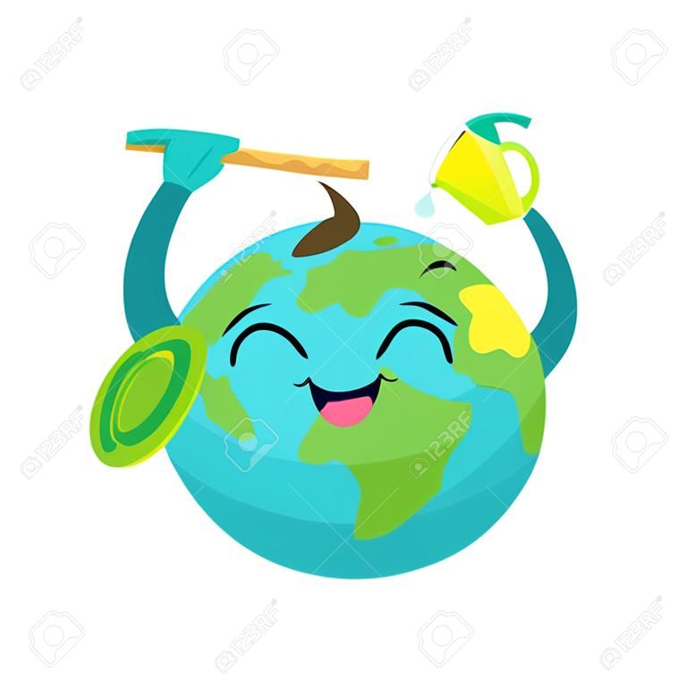 Boldog Föld bolygó karakter takarítás maga rake és öntözés can, aranyos gömb mosolyogva arc és kéz vektor Illusztráció