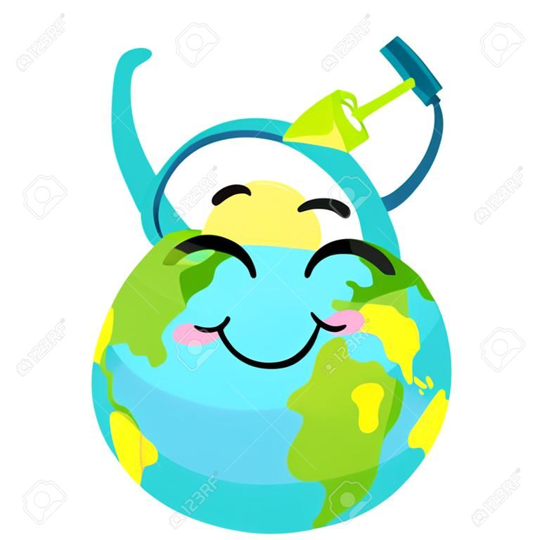 Happy Earth planet character cleaning itself with rake and watering can, cute globe with smiley face and hands vector Illustration