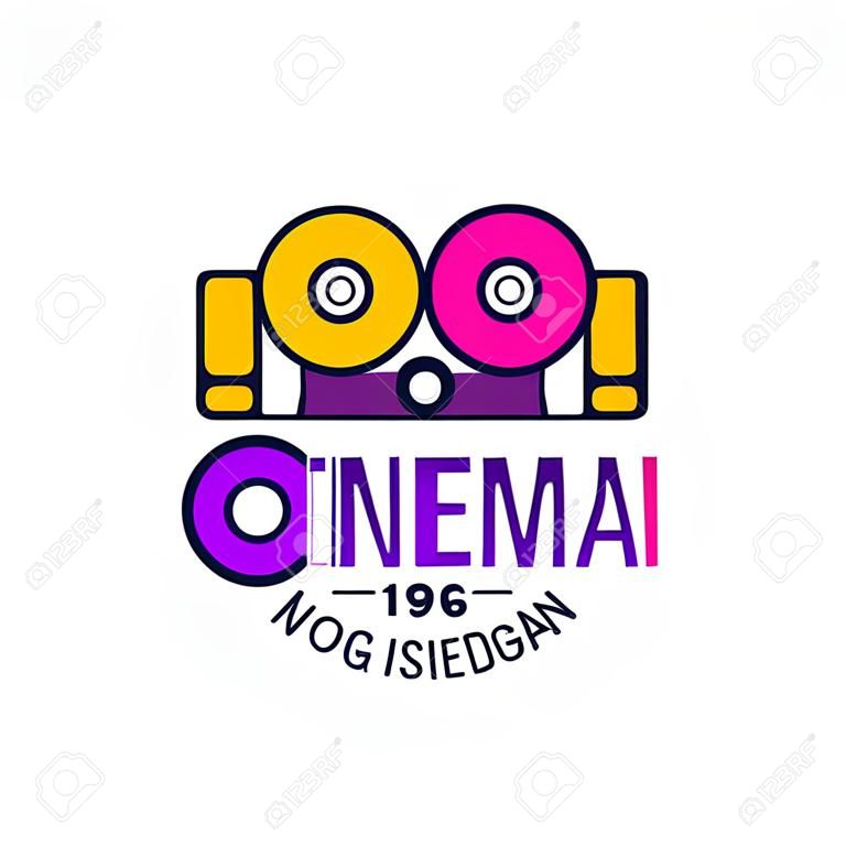 Projekt logo kolorowe kino lub film firmy z kamery retro z bębnami. Koncepcja etykiety branży kinematograficznej. Ikona wektor stylu płaskiej linii