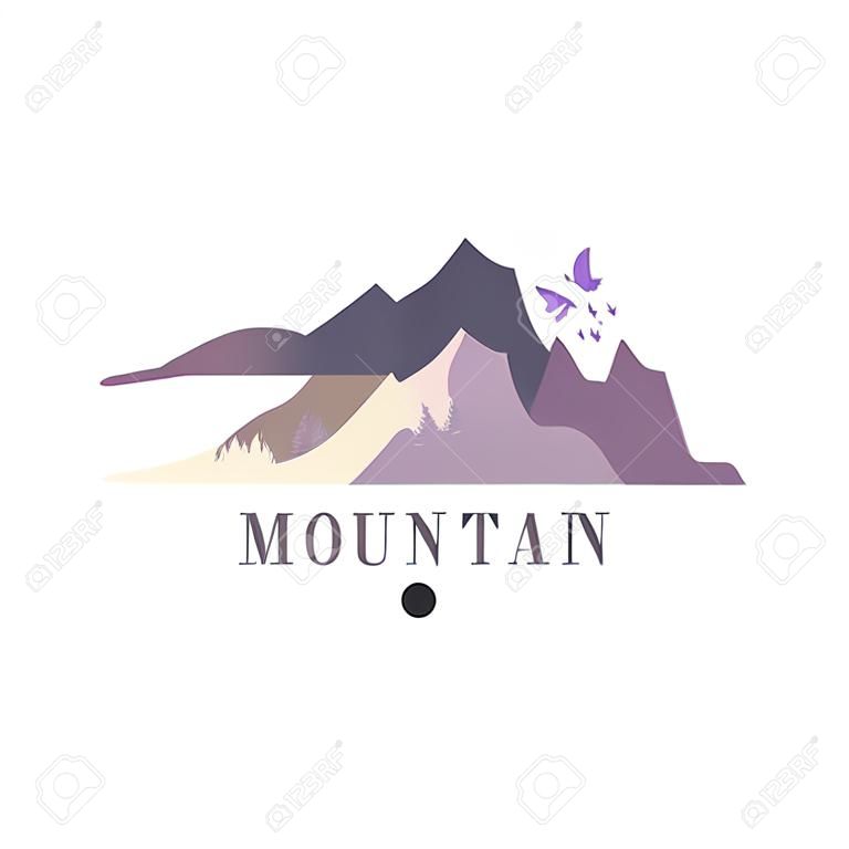 Modelo de ícone de montanha, turismo, caminhadas e aventuras ao ar livre emblema, vetor de emblema de deserto retro Ilustração em um fundo branco