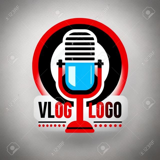Interesting logo with retro microphone and red circle on background. Vlog or video blogging concept. Live stream badge. Simple icon with place for text. Original vector design in flat style.