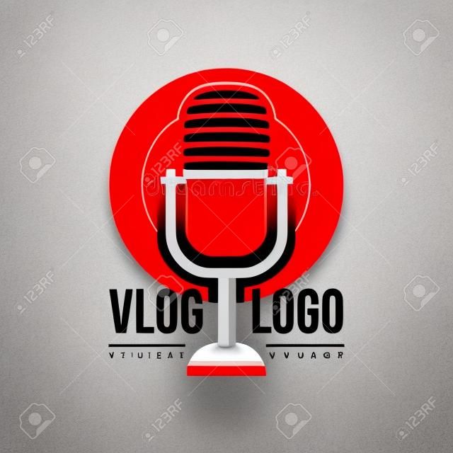 Interesting logo with retro microphone and red circle on background. Vlog or video blogging concept. Live stream badge. Simple icon with place for text. Original vector design in flat style.