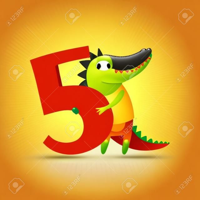 Funny cute croc animal and number five, birthday anniversary, learn to count concept cartoon vector Illustration