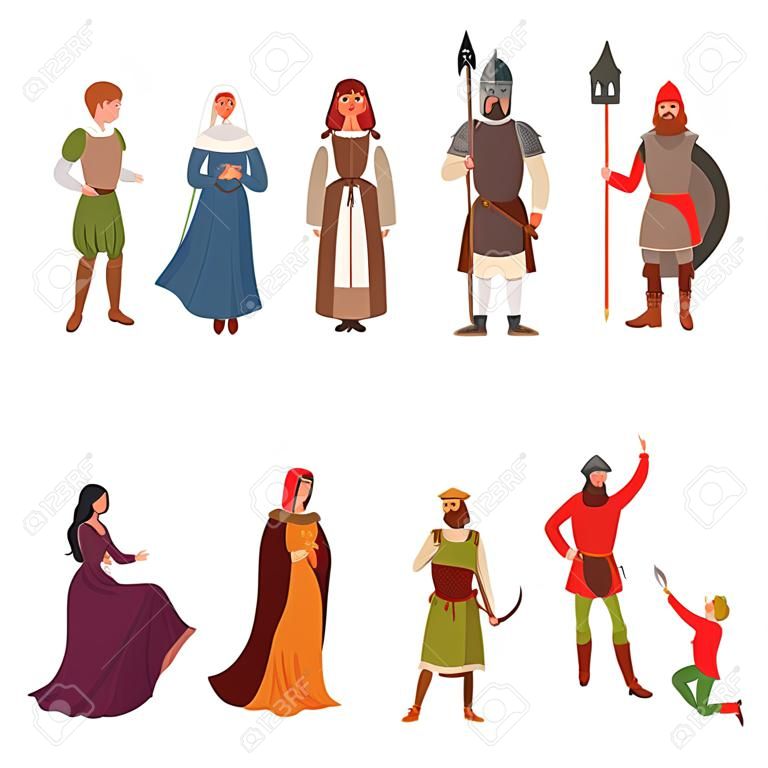 Middeleeuwse mensen karakters van de Europese middeleeuwen historische periode vector Illustraties op een witte achtergrond