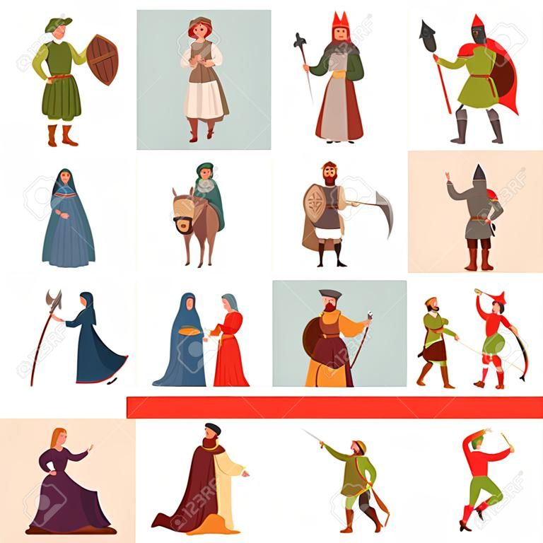 歐洲中世紀歷史時期的中世紀人物特徵在白色背景上的矢量插圖