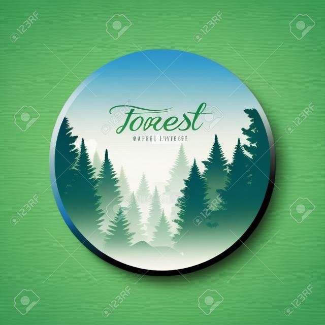 Plantilla de diseño de logotipo de bosque, paisaje de naturaleza hermosa con siluetas de árboles coníferos forestales en niebla, icono de escena natural en diseño geométrico en forma redonda, ilustración vectorial