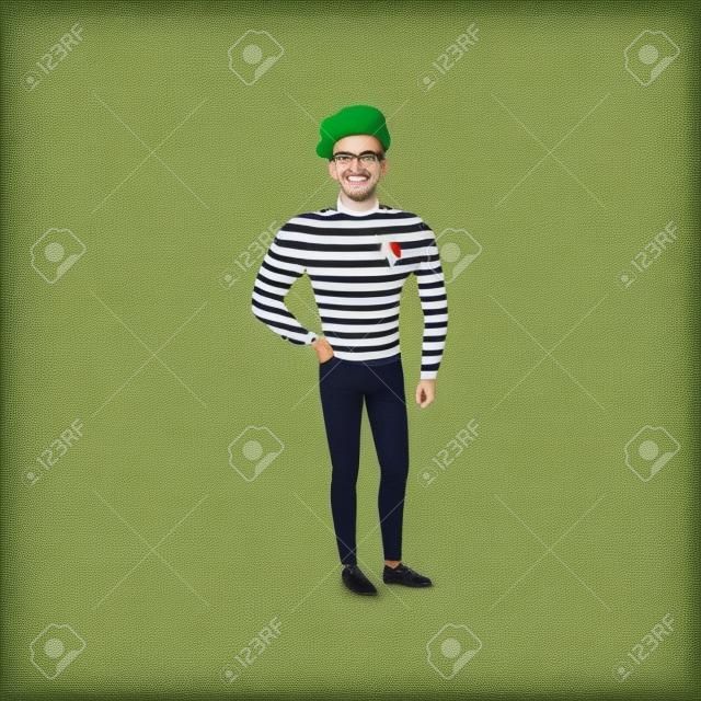Smiling French man character in striped pullover and beret