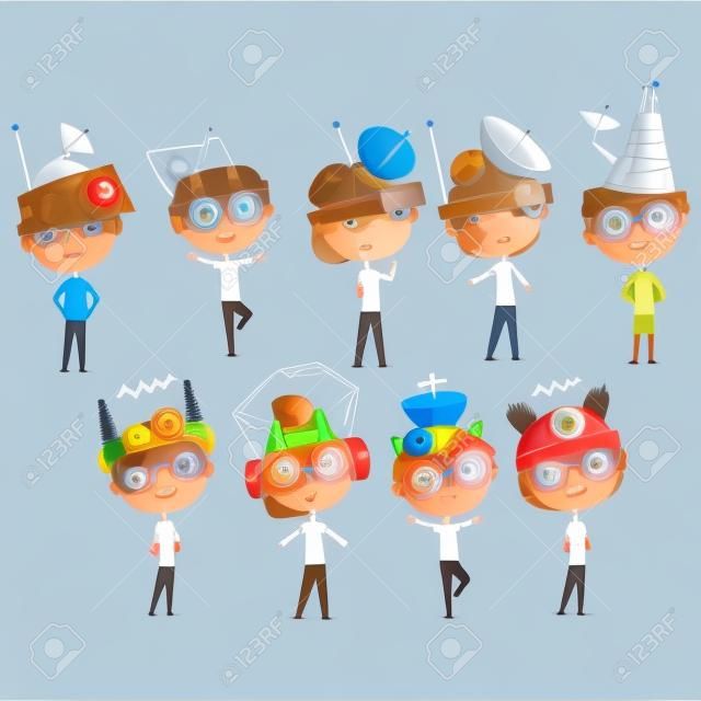 Scientist children working on physics science experiment set, boy in fantastic headdress with antennas vector Illustrations isolated on a white background.