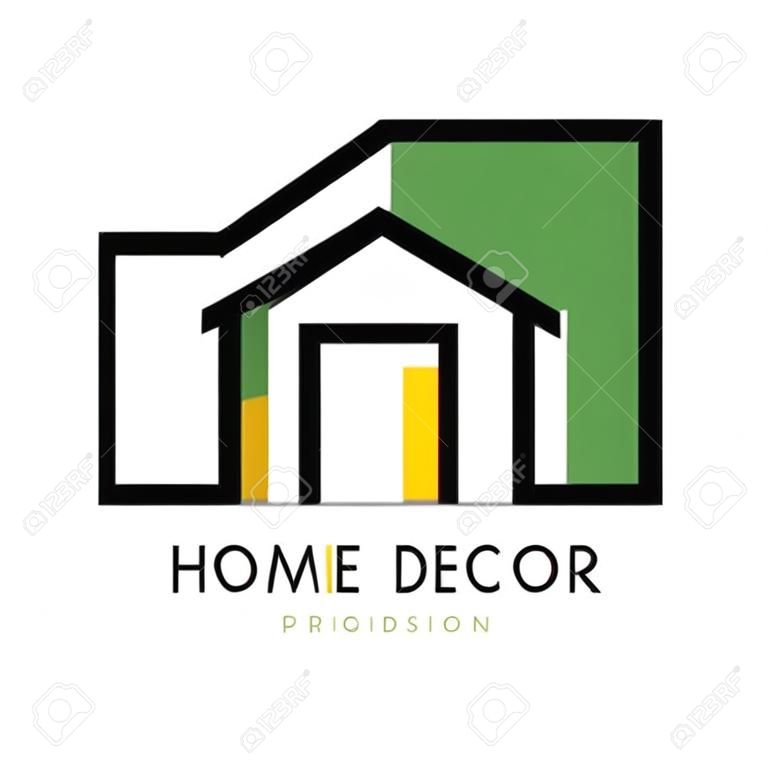 Soyut bina ile geometrik logo şablonu. İç tasarım ve ev dekorasyon şirketi veya iş için yeşil dolgulu orijinal doğrusal amblem. Beyaz arka plan üzerinde izole vektör çizim