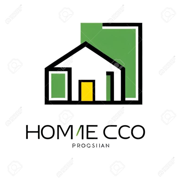 Szablon logo geometryczne z abstrakcyjnym budynkiem. Oryginalny emblemat liniowy z zielonym wypełnieniem do aranżacji wnętrz i dekoracji domu lub firmy. Ilustracja wektorowa na białym tle.