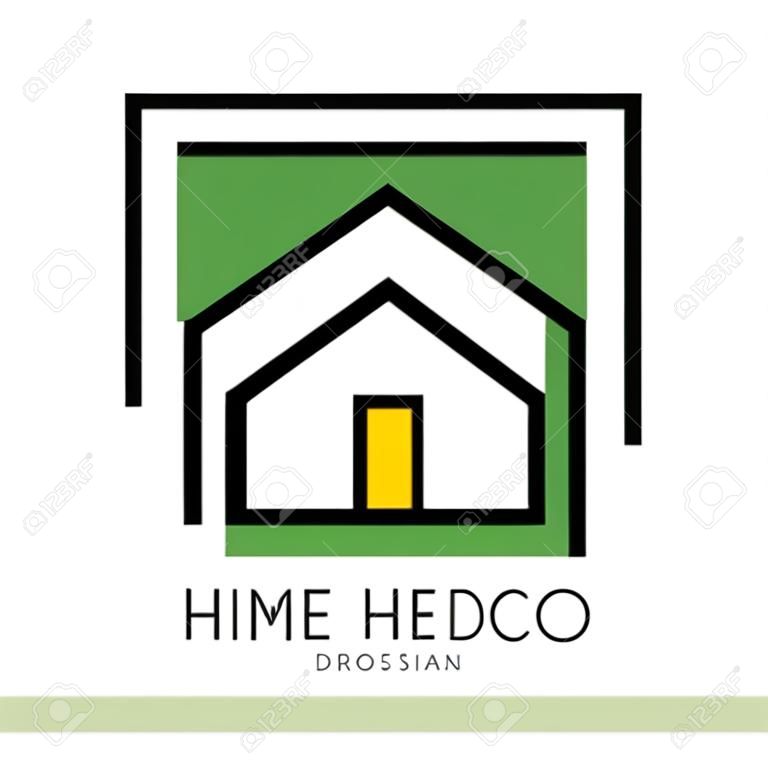 抽象的な建物を持つ幾何学的なロゴテンプレート。インテリアデザインと家の装飾会社やビジネスのための緑の塗りつぶしとオリジナルの線形エンブレム。白い背景に分離されたベクトル図。