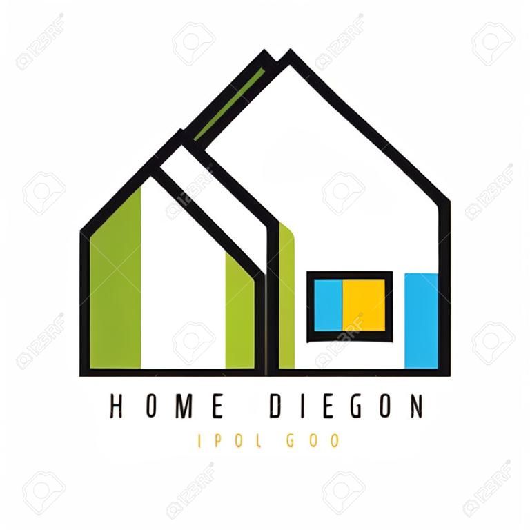 İnşaat veya mimarlık şirketinin logo tasarımı için soyut şehir evleri. Ev dekorasyonu öğeleri, iç mimarlar ve tasarımcılar ile mağaza için grafik amblem. Beyaz izole vektör çizim.