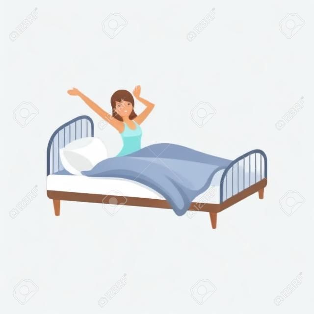Young woman waking up beginning a good day, people activity, daily routine vector isolated Illustration on a white background.