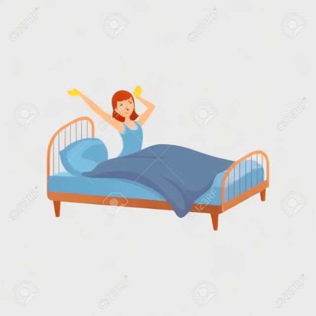 Young woman waking up beginning a good day, people activity, daily routine vector isolated Illustration on a white background.