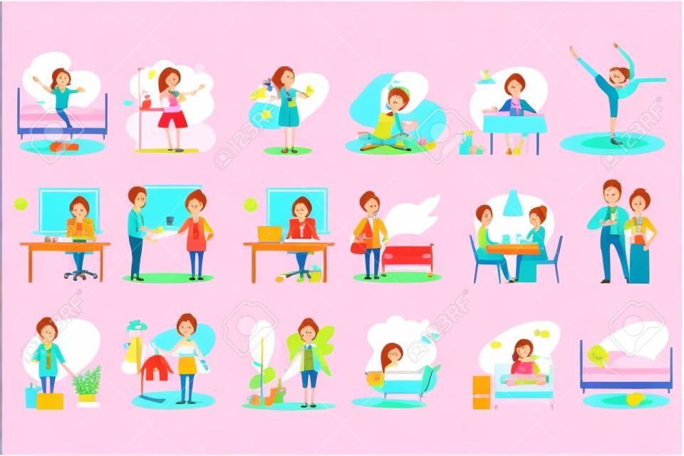 Active day of happy woman. Daily routine. Cartoon character of young pretty girl in different situations. Day time. Home and work. Colorful flat vector design
