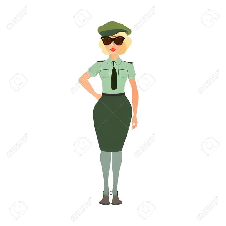 Cartoon-Frau in formeller Militärkleidung: grünes Hemd, Krawatte, Rock, Baskenmütze und Sonnenbrille. Junges Mädchen im Armeeoffizierkostüm. Flacher Vektor