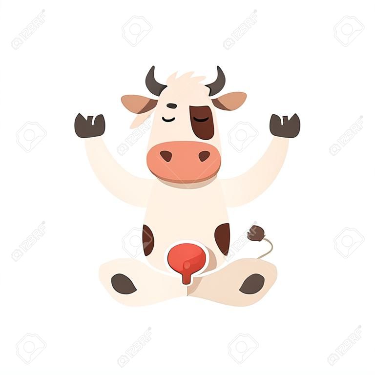 Mucca che si siede nella posa del loto, personaggio dei cartoni animati di animali da fattoria divertente praticare lo yoga vettoriale illustrazione su sfondo bianco