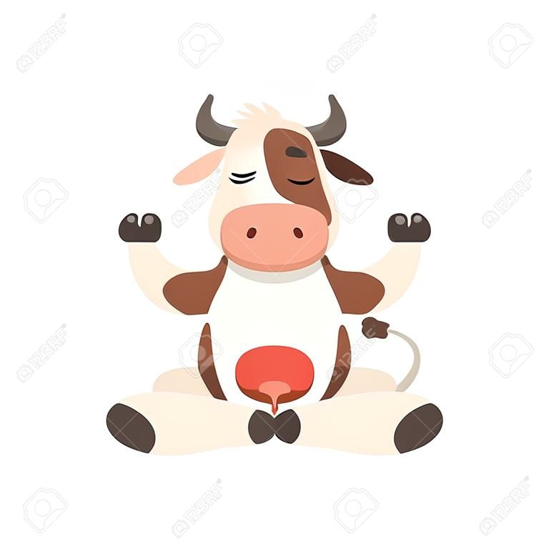 蓮のポーズで座っている牛、白い背景にヨガベクトルイラストを練習面白い農場の動物漫画のキャラクター