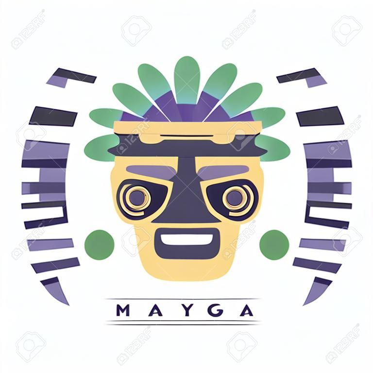 Diseño original maya, emblema con máscara étnica, vector de signo azteca ilustración sobre un fondo blanco