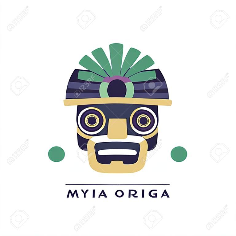 Diseño original maya, emblema con máscara étnica, vector de signo azteca ilustración sobre un fondo blanco