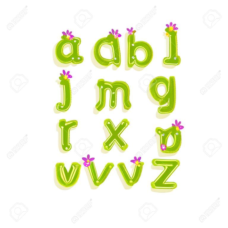 Kreatywny alfabet łaciński wykonany z jasnozielonego kaktusa z małymi kwitnącymi kwiatami. Zestaw liter angielskich od A do Z. koncepcja ABC. Kolorowa płaska czcionka wektorowa na plakat, kartkę z życzeniami lub drukowanie dla dzieci.