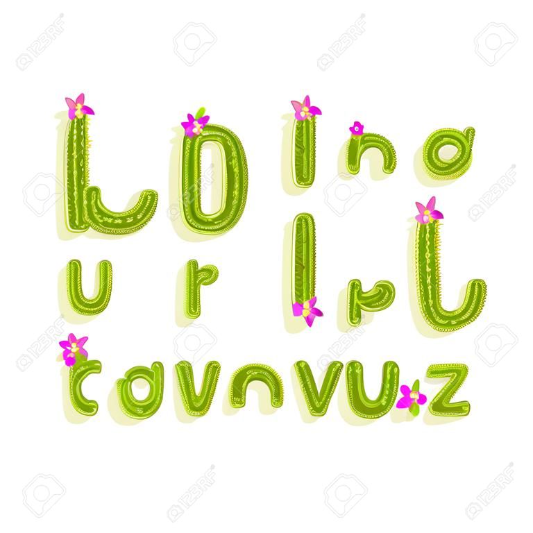 小さな咲く花を持つ明るい緑色のサボテンで作られた創造的なラテン語のアルファベット。Abc コンセプトの A から Z への英語の文字のセット。ポスター、グリーティングカードや子供の印刷のためのカラフルなフラットベクターフォント。