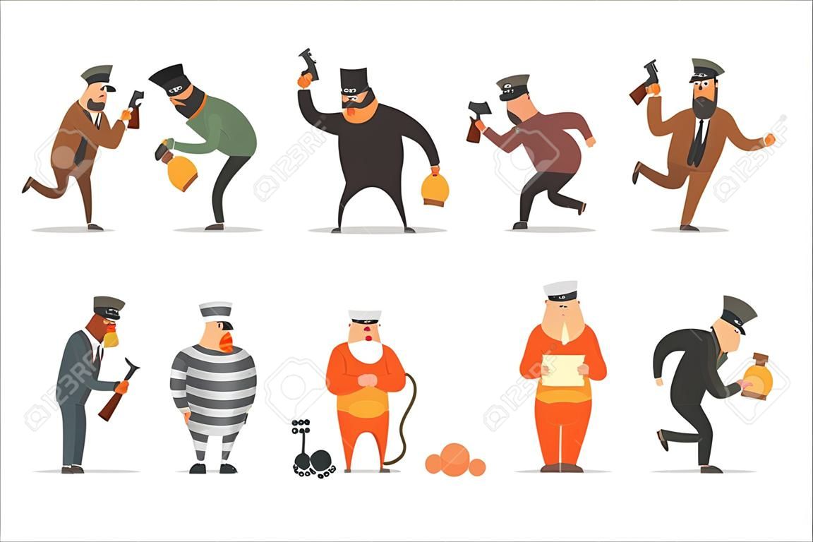 Conjunto de personagens engraçados de criminosos e condenados. Ilustrações vetoriais de estilo divertido dos desenhos animados isoladas no fundo branco.
