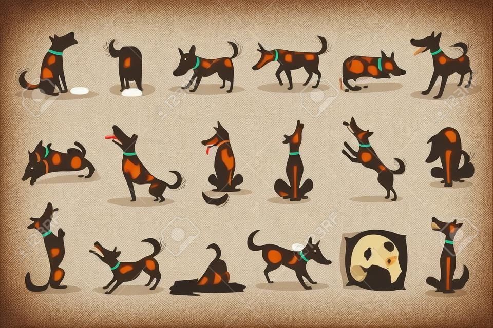 Brauner Hund mit normalen Alltagsaktivitäten. Set von klassischen Haustier-Hunde-Verhaltens-Illustrationen im niedlichen Karton-Stil, isoliert auf weißem Hintergrund.