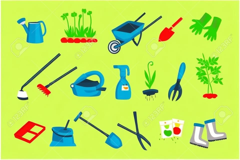 Gardeners Equipment Set Of Objects Needed For Gardening And Farming Isolated Vector Illustrations. Garden Work Tools Collection Of Cute Colorful Cartoon Stickers.