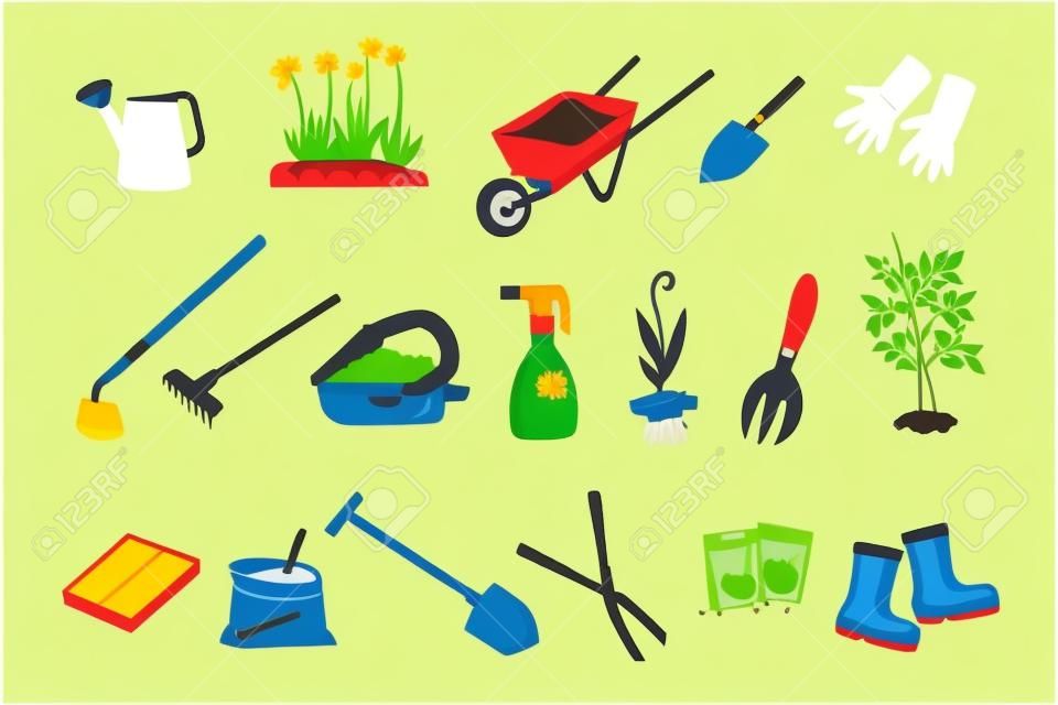 Gardeners Equipment Set Of Objects Needed For Gardening And Farming Isolated Vector Illustrations. Garden Work Tools Collection Of Cute Colorful Cartoon Stickers.