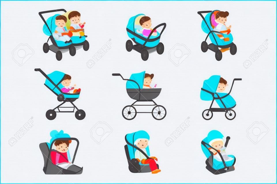 Baby carriage set. Different types of children transport colorful Illustrations isolated on white background