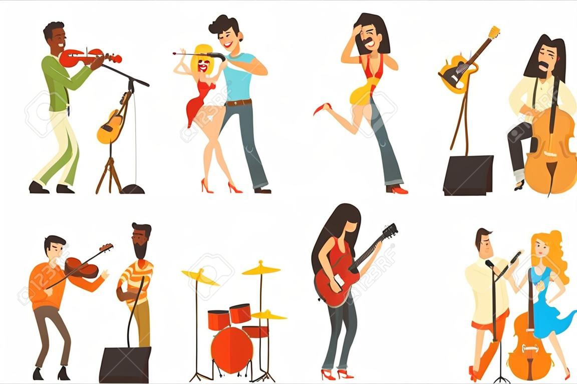 Musicians And Singers Of Different Music Styles Performing On Stage In Concert Series Of Cartoon Characters. People And Musical Performance Vector Illustrations With Musical Instruments Or Microphone.