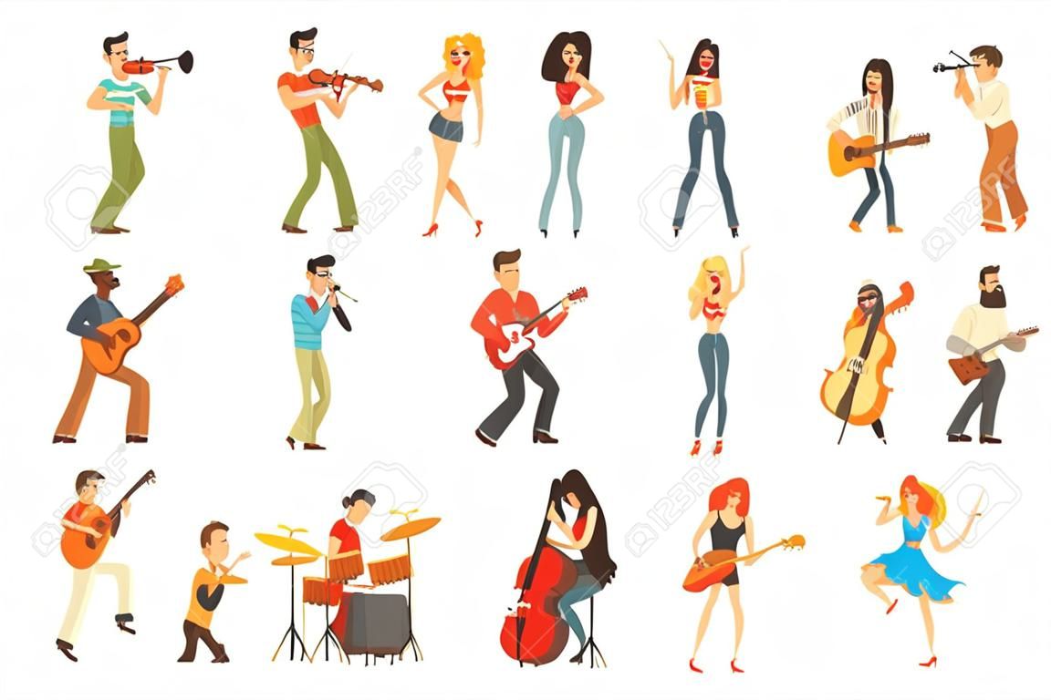 Músicos e cantores de diferentes estilos de música que se apresentam no palco na série de concertos de personagens dos desenhos animados. Pessoas e ilustrações vetoriais de desempenho musical com instrumentos musicais ou microfone.