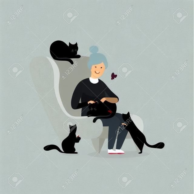 Elderly woman sitting in armchair surrounded by black cats, adorable pets and their owner vector Illustration isolated on a white background.