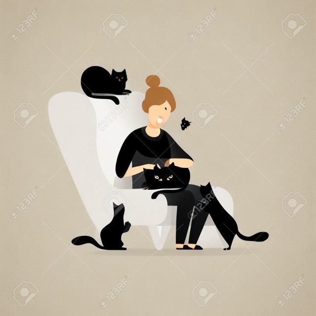 Starsza kobieta siedząca w fotelu otoczona czarnymi kotami, uroczymi zwierzakami i ich właścicielką ilustracji wektorowych izolowanych na białym tle.